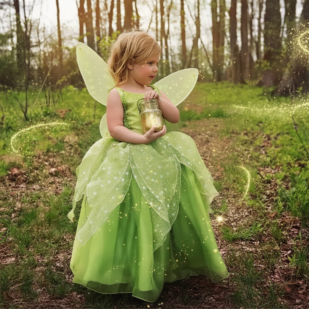 Feeënkostuumset voor meisjes, soepelvallende jurk, wapperende vleugels, decoratieve tiara, toverstaf en zachte handschoenen