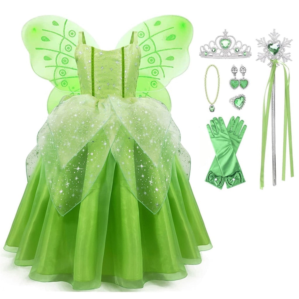 Feeënkostuumset voor meisjes, soepelvallende jurk, wapperende vleugels, decoratieve tiara, toverstaf en zachte handschoenen
