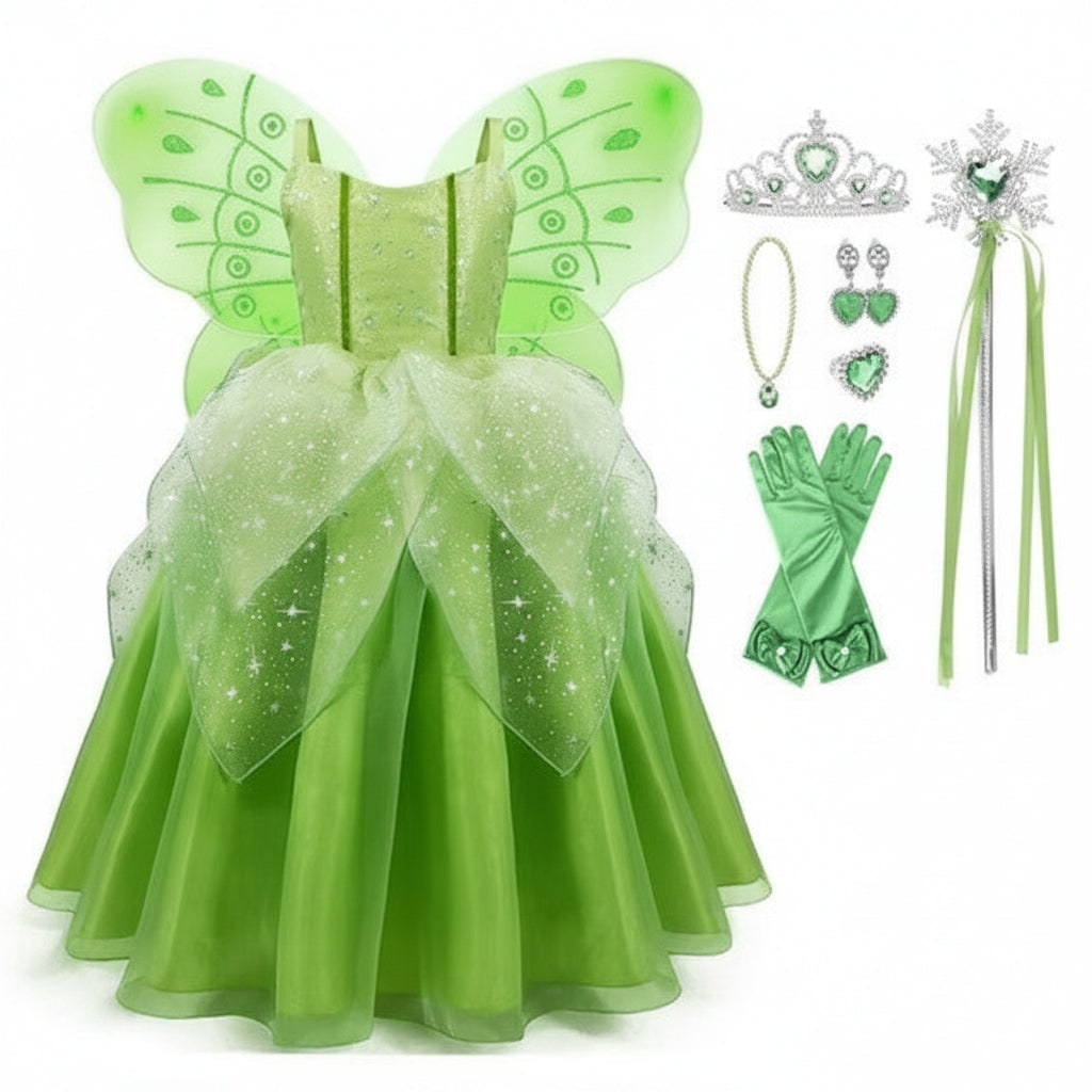 Feeënkostuumset voor meisjes, soepelvallende jurk, wapperende vleugels, decoratieve tiara, toverstaf en zachte handschoenen