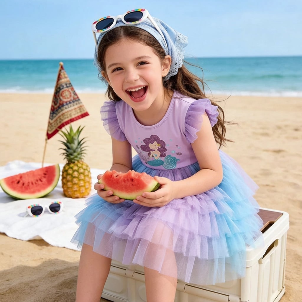 Rochie tutu de sirenă pentru fete, fustă în straturi, corsaj lila deschis și albastru pastel