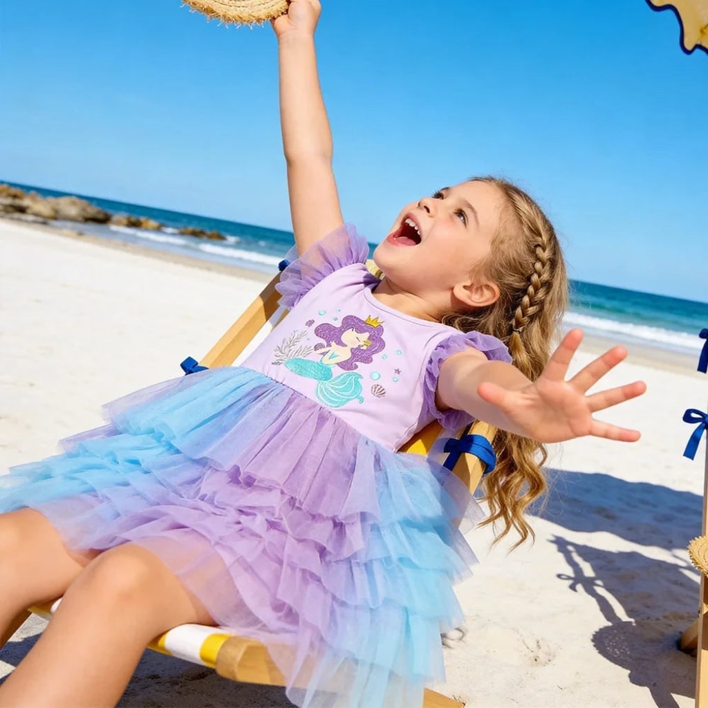 Rochie tutu de sirenă pentru fete, fustă în straturi, corsaj lila deschis și albastru pastel