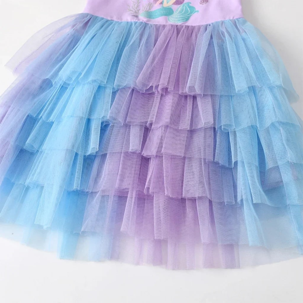 Rochie tutu de sirenă pentru fete, fustă în straturi, corsaj lila deschis și albastru pastel