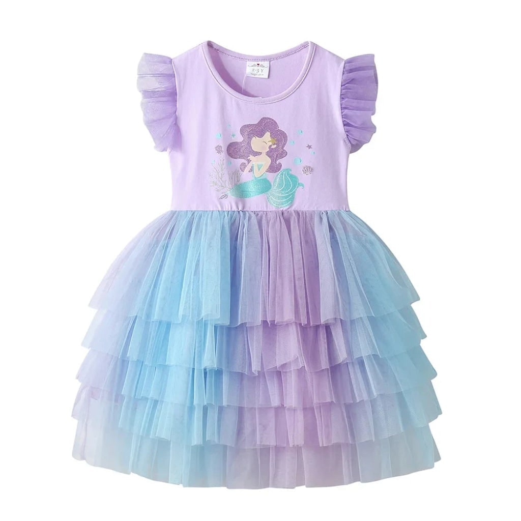 Rochie tutu de sirenă pentru fete, fustă în straturi, corsaj lila deschis și albastru pastel