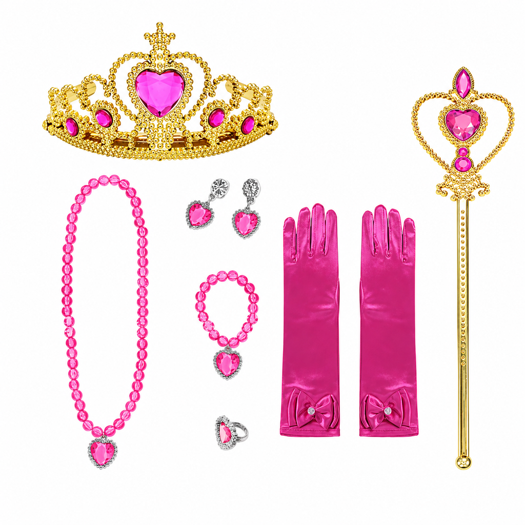 女の子用きのこのプリンセスとマッシュルームコスチュームドレスセット ピンクのレイヤードスカート、王冠、手袋、杖