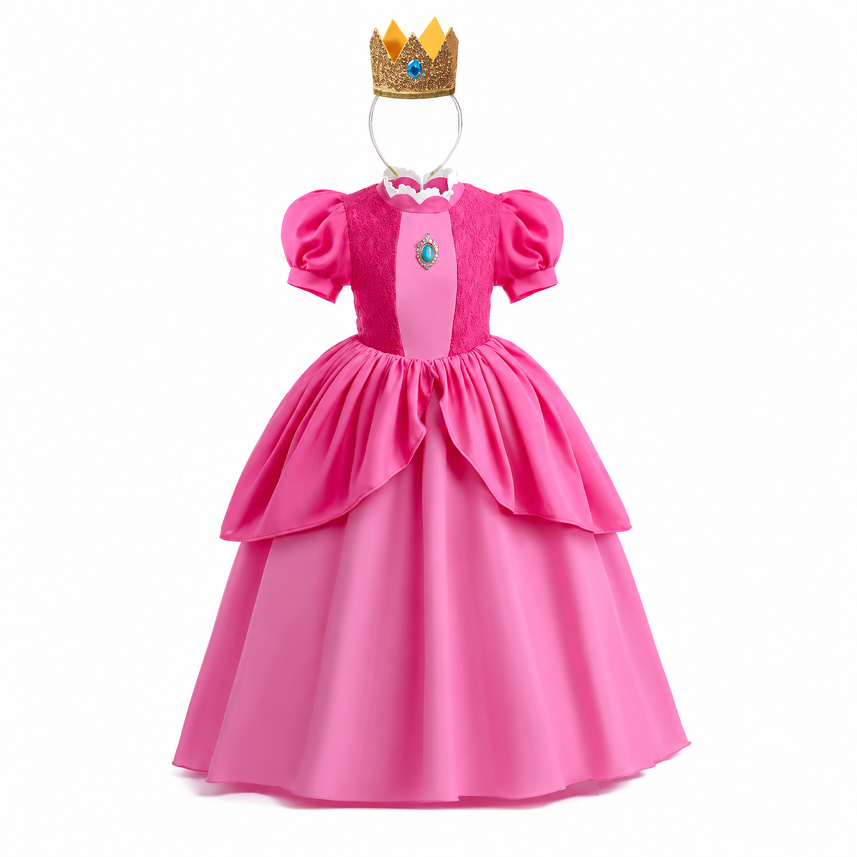 女の子用きのこのプリンセスとマッシュルームコスチュームドレスセット ピンクのレイヤードスカート、王冠、手袋、杖
