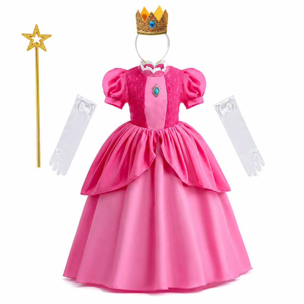 女の子用きのこのプリンセスとマッシュルームコスチュームドレスセット ピンクのレイヤードスカート、王冠、手袋、杖