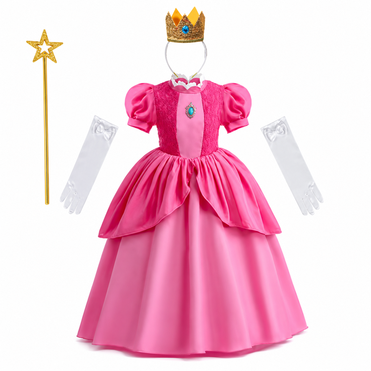 女の子用きのこのプリンセスとマッシュルームコスチュームドレスセット ピンクのレイヤードスカート、王冠、手袋、杖