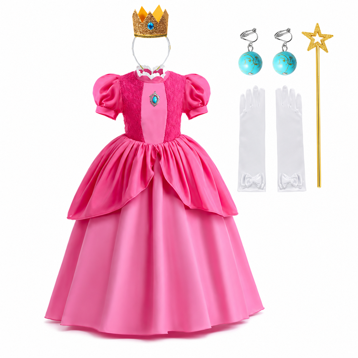 女の子用きのこのプリンセスとマッシュルームコスチュームドレスセット ピンクのレイヤードスカート、王冠、手袋、杖