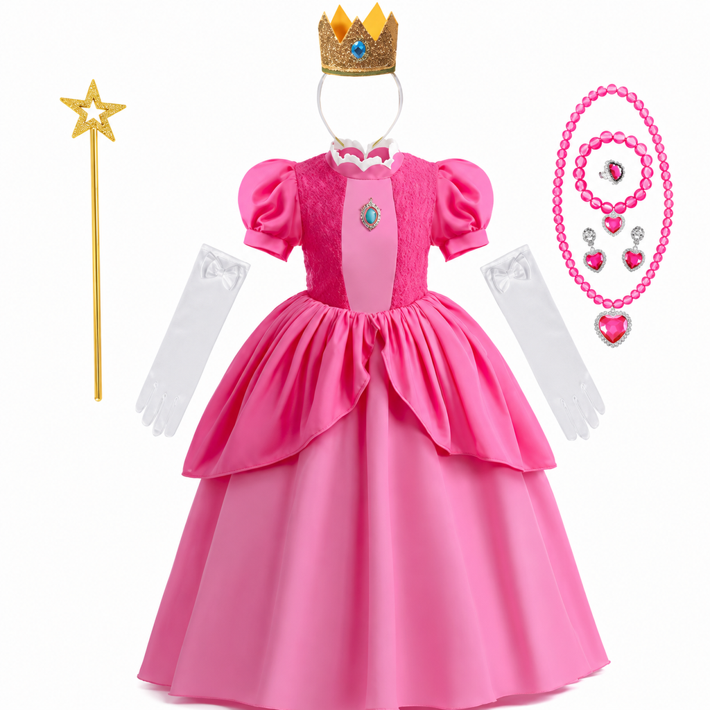 女の子用きのこのプリンセスとマッシュルームコスチュームドレスセット ピンクのレイヤードスカート、王冠、手袋、杖