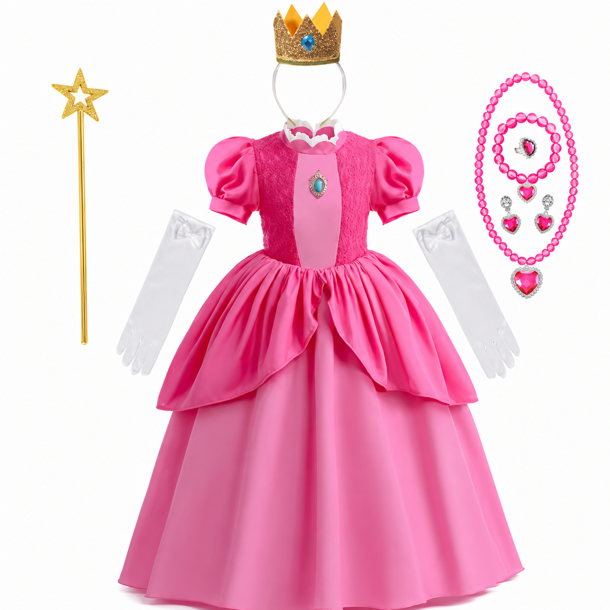 女の子用きのこのプリンセスとマッシュルームコスチュームドレスセット ピンクのレイヤードスカート、王冠、手袋、杖