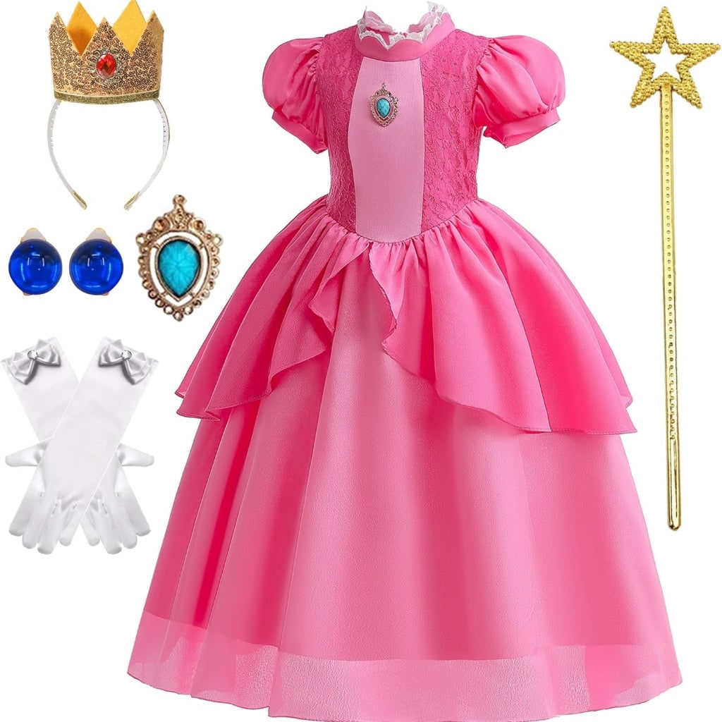 女の子用きのこのプリンセスとマッシュルームコスチュームドレスセット ピンクのレイヤードスカート、王冠、手袋、杖