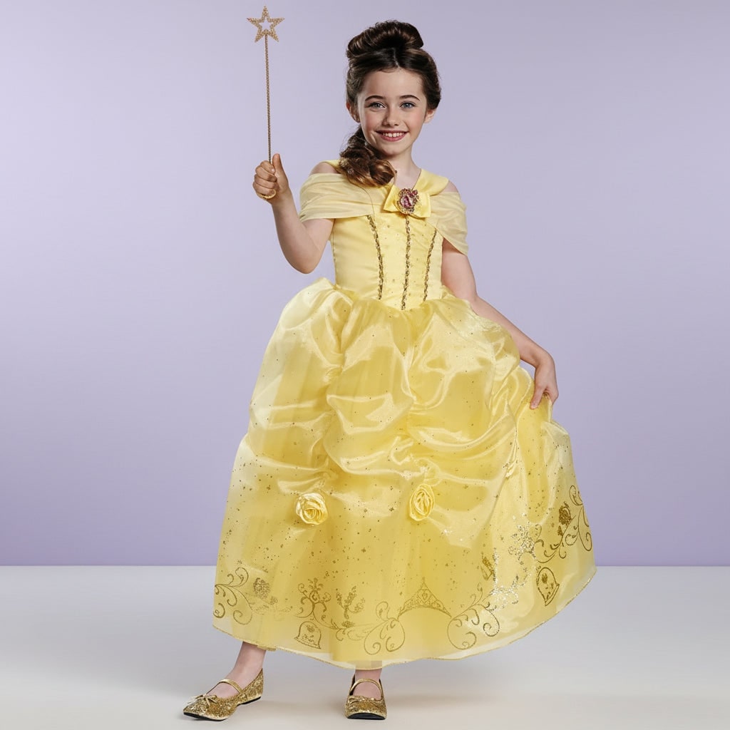 女の子用ハロウィンプリンセスコスチュームドレス ゴールドスパンコールのボディスと星の杖付き