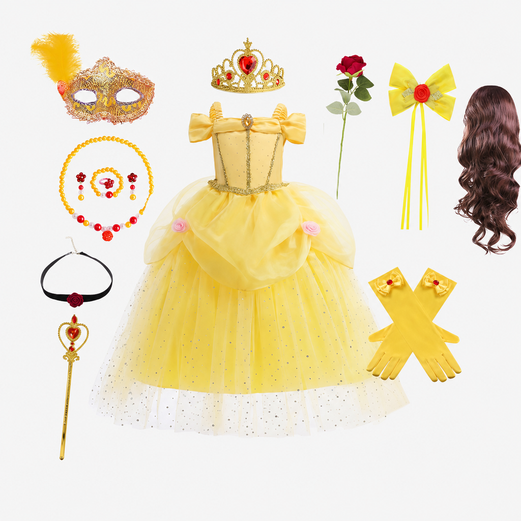 Tyttöjen prinsessapuvun mekko, keltainen tyllihame ja kultainen tiara lisävarusteineen