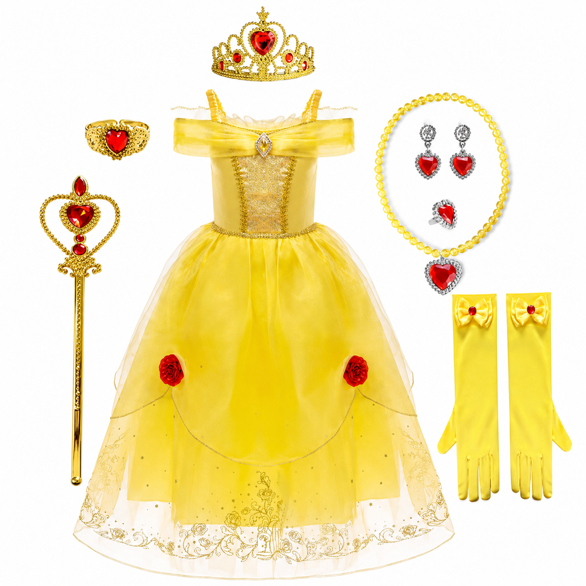 Παιδικό φόρεμα κοστουμιού πριγκίπισσας, κίτρινη τούλινη φούστα, σετ αξεσουάρ με χρυσή τιάρα