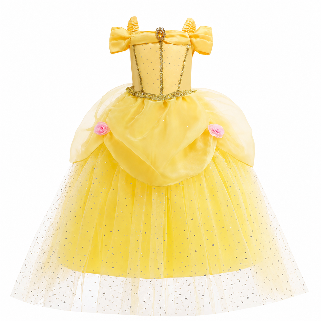 Tyttöjen prinsessapuvun mekko, keltainen tyllihame ja kultainen tiara lisävarusteineen