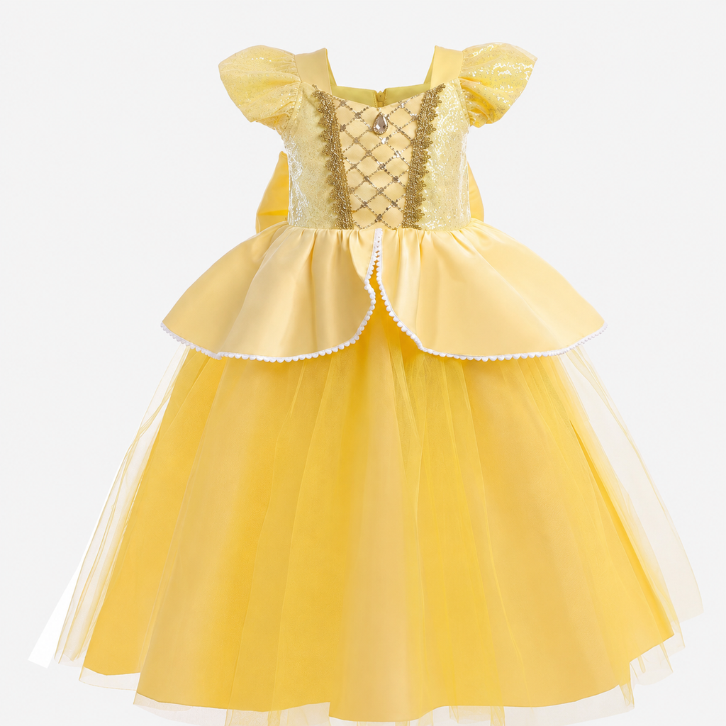 Tyttöjen prinsessapuvun mekko, keltainen tyllihame ja kultainen tiara lisävarusteineen