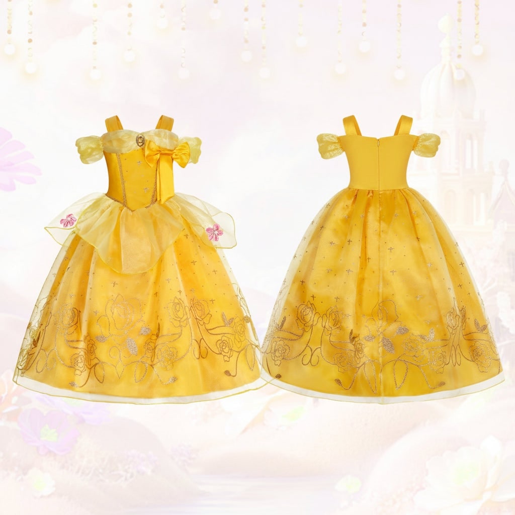 Tyttöjen prinsessapuvun mekko, keltainen tyllihame ja kultainen tiara lisävarusteineen