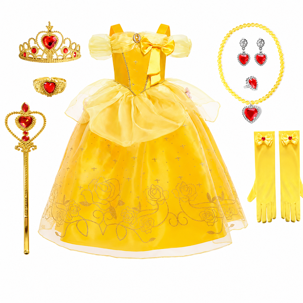 Tyttöjen prinsessapuvun mekko, keltainen tyllihame ja kultainen tiara lisävarusteineen
