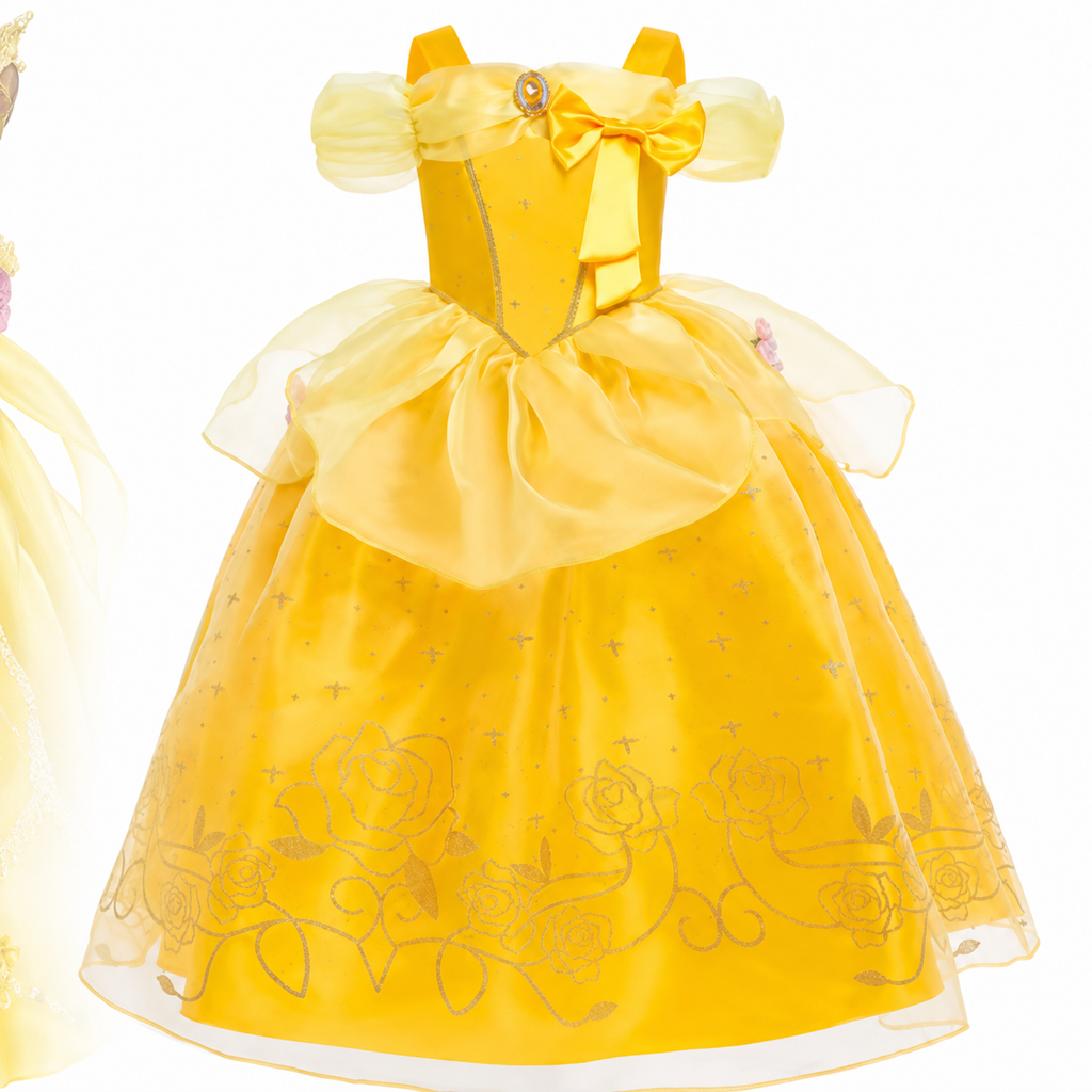 Tyttöjen prinsessapuvun mekko, keltainen tyllihame ja kultainen tiara lisävarusteineen