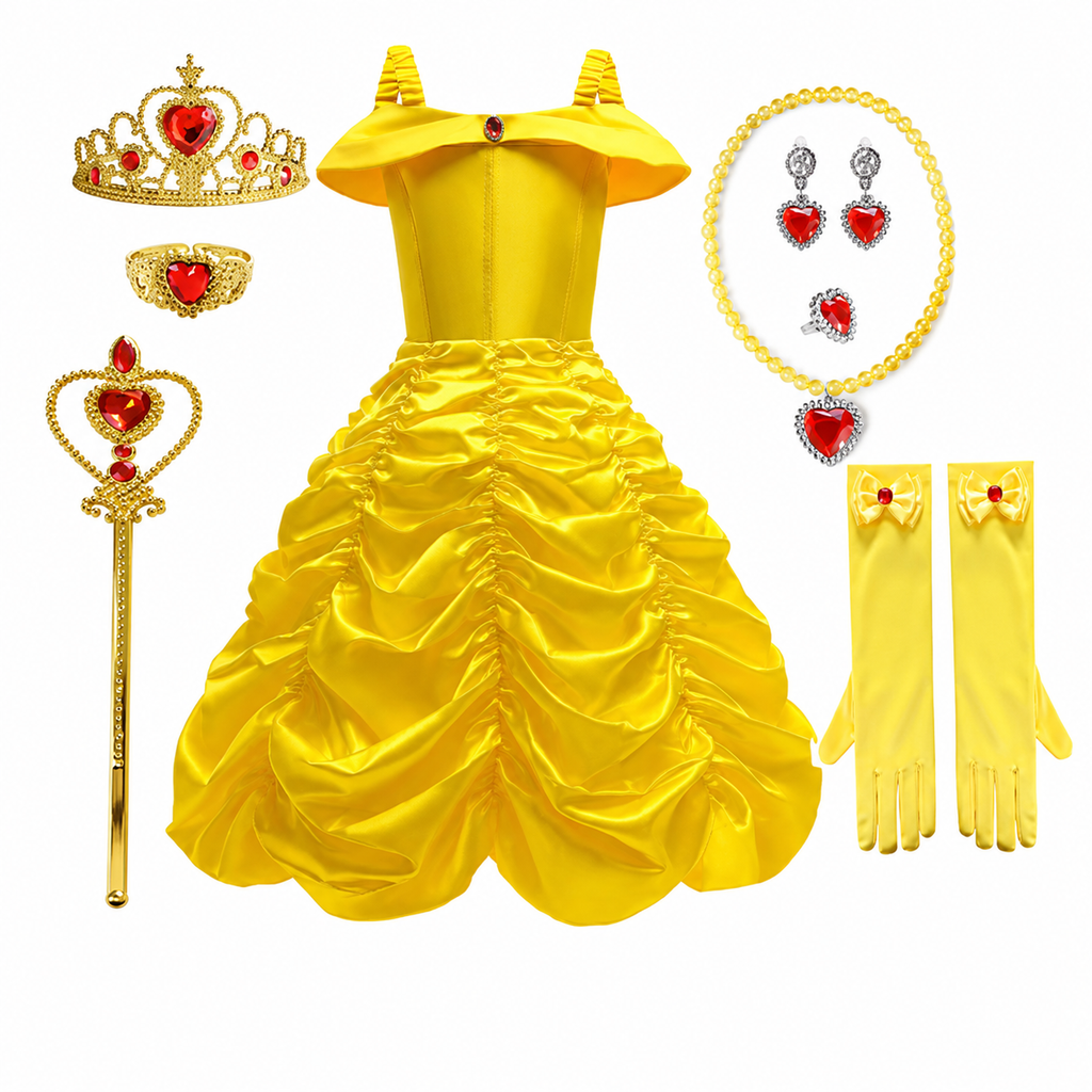 Tyttöjen prinsessapuvun mekko, keltainen tyllihame ja kultainen tiara lisävarusteineen