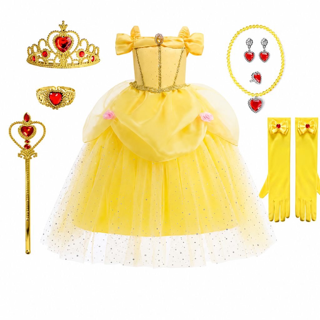 Tyttöjen prinsessapuvun mekko, keltainen tyllihame ja kultainen tiara lisävarusteineen