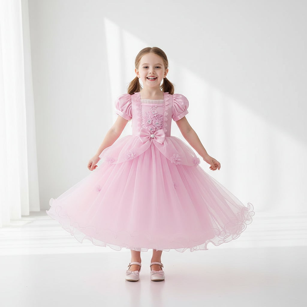 Girls Princess Dress Puff Sleeves And Layered Tulle Skirt