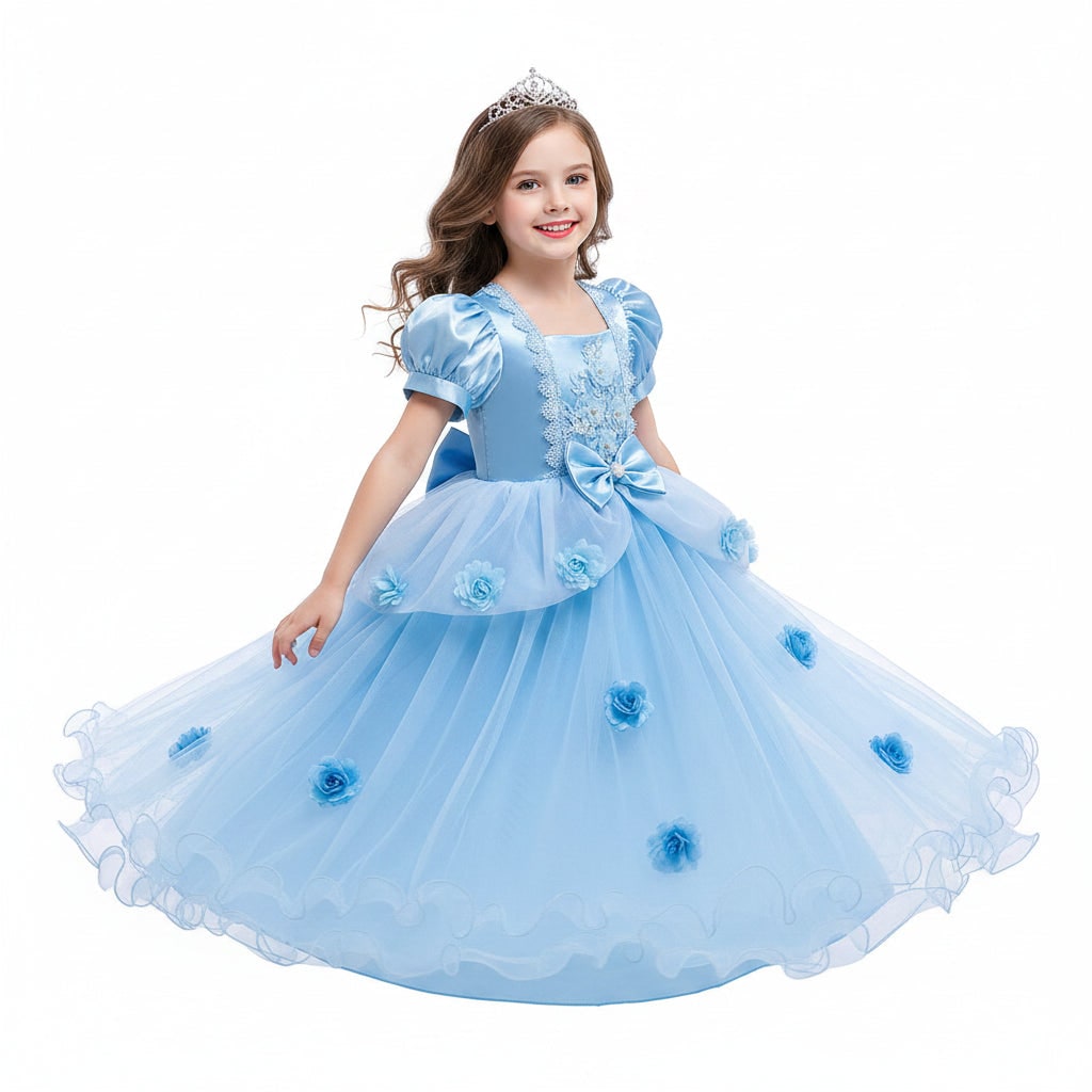 Girls Princess Dress Puff Sleeves And Layered Tulle Skirt