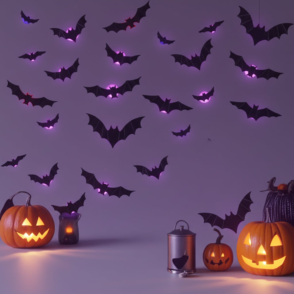 パープルとオレンジのLED 3Dコウモリ 壁用貼ってはがせるデカール 光るハロウィンアクセント