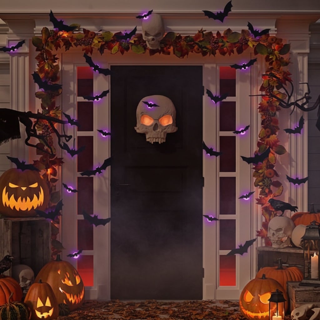パープルとオレンジのLED 3Dコウモリ 壁用貼ってはがせるデカール 光るハロウィンアクセント