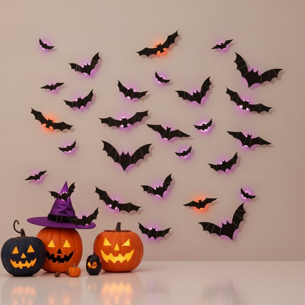 パープルとオレンジのLED 3Dコウモリ 壁用貼ってはがせるデカール 光るハロウィンアクセント
