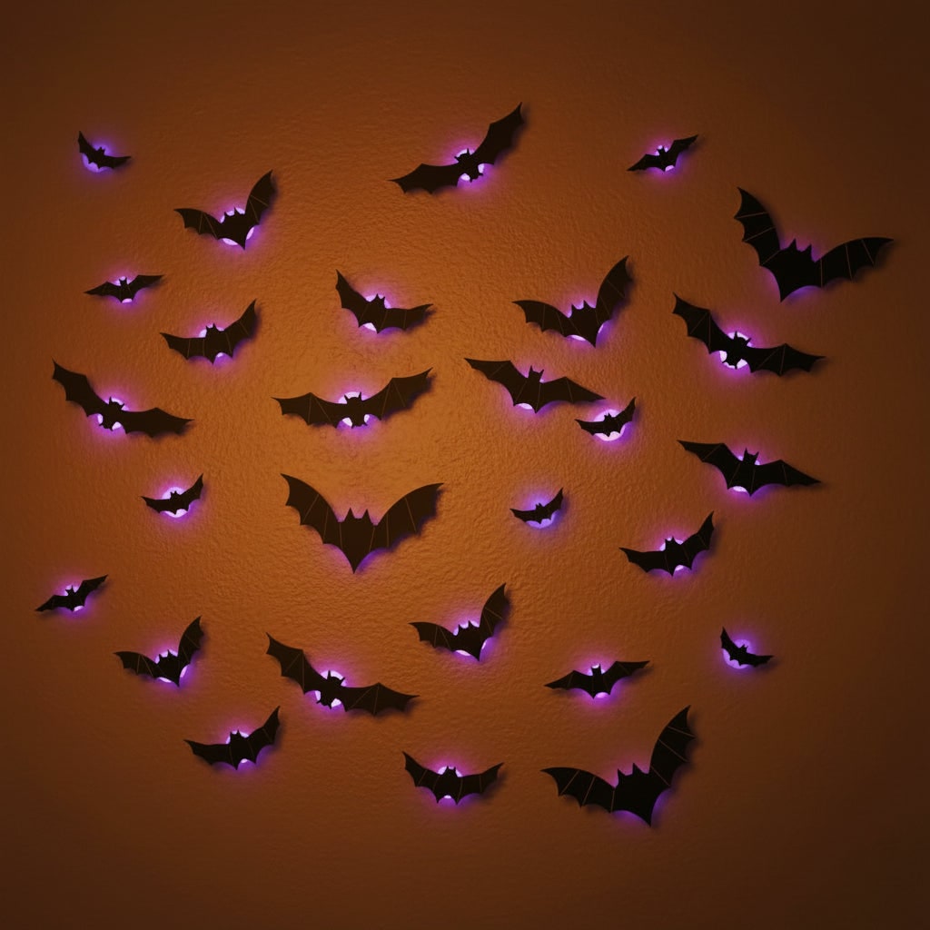 パープルとオレンジのLED 3Dコウモリ 壁用貼ってはがせるデカール 光るハロウィンアクセント