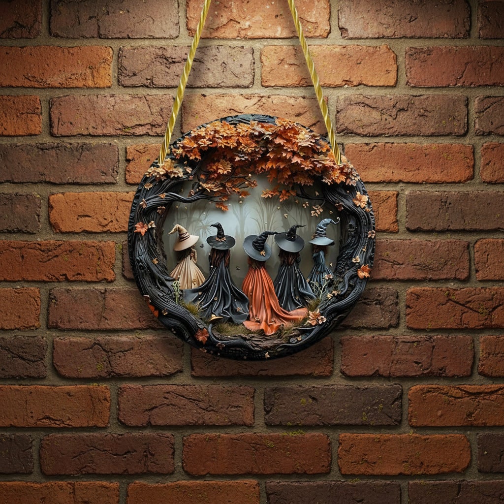 Halloween 3D Relief Wall Art Panel Gnarled Branch Border Twisted Rope Hanger Circular Witch Plaque