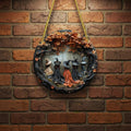 Halloween 3D Relief Wall Art Panel Gnarled Branch Border Twisted Rope Hanger Circular Witch Plaque