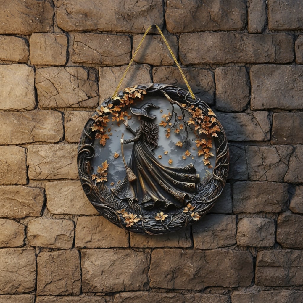 Halloween 3D Relief Wall Art Panel Gnarled Branch Border Twisted Rope Hanger Circular Witch Plaque