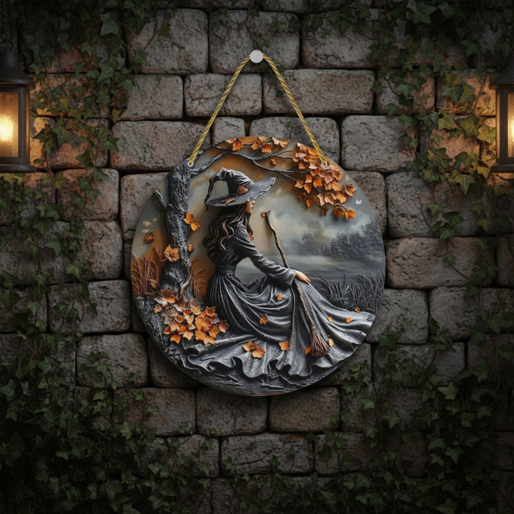 Halloween 3D Relief Wall Art Panel Gnarled Branch Border Twisted Rope Hanger Circular Witch Plaque
