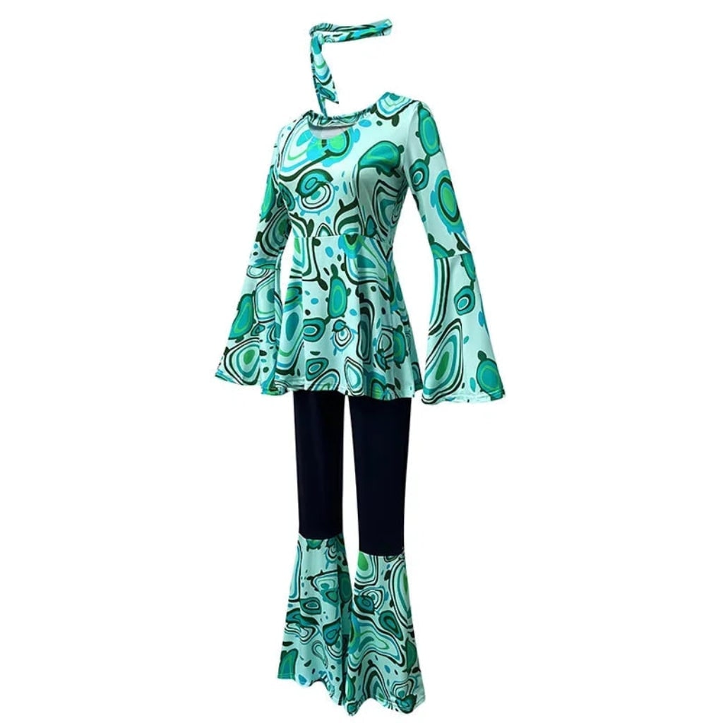 Retro 70-tals hippiedräkt med psykedeliskt mönstrad topp med utsvängda ärmar, utsvängda byxor och pannband