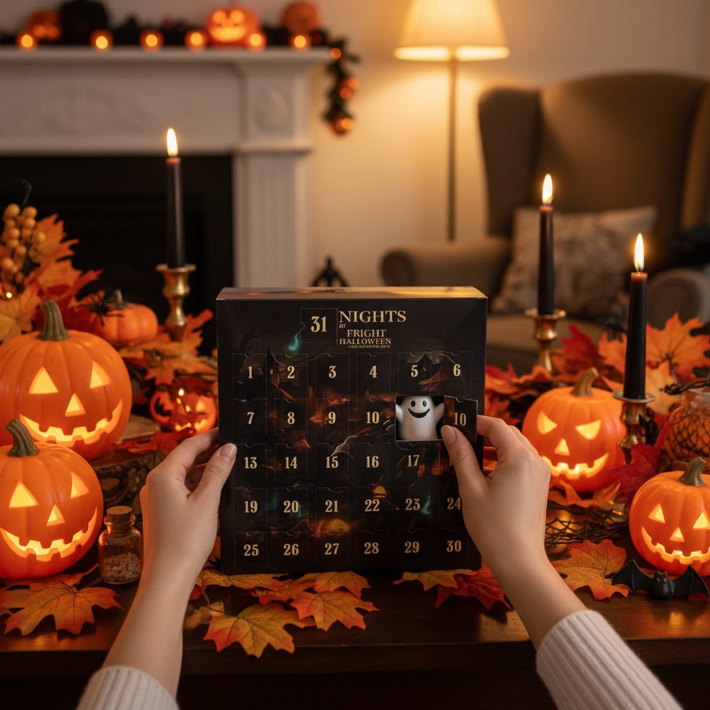 Kalendarz adwentowy na Halloween - pudełko odliczające z perforowanymi drzwiczkami i miniaturowymi figurkami zabawek