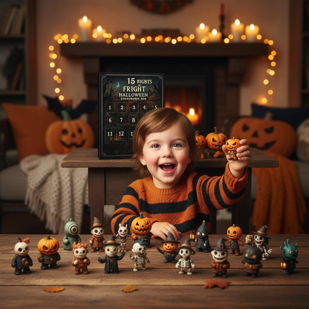 Kalendarz adwentowy na Halloween - pudełko odliczające z perforowanymi drzwiczkami i miniaturowymi figurkami zabawek
