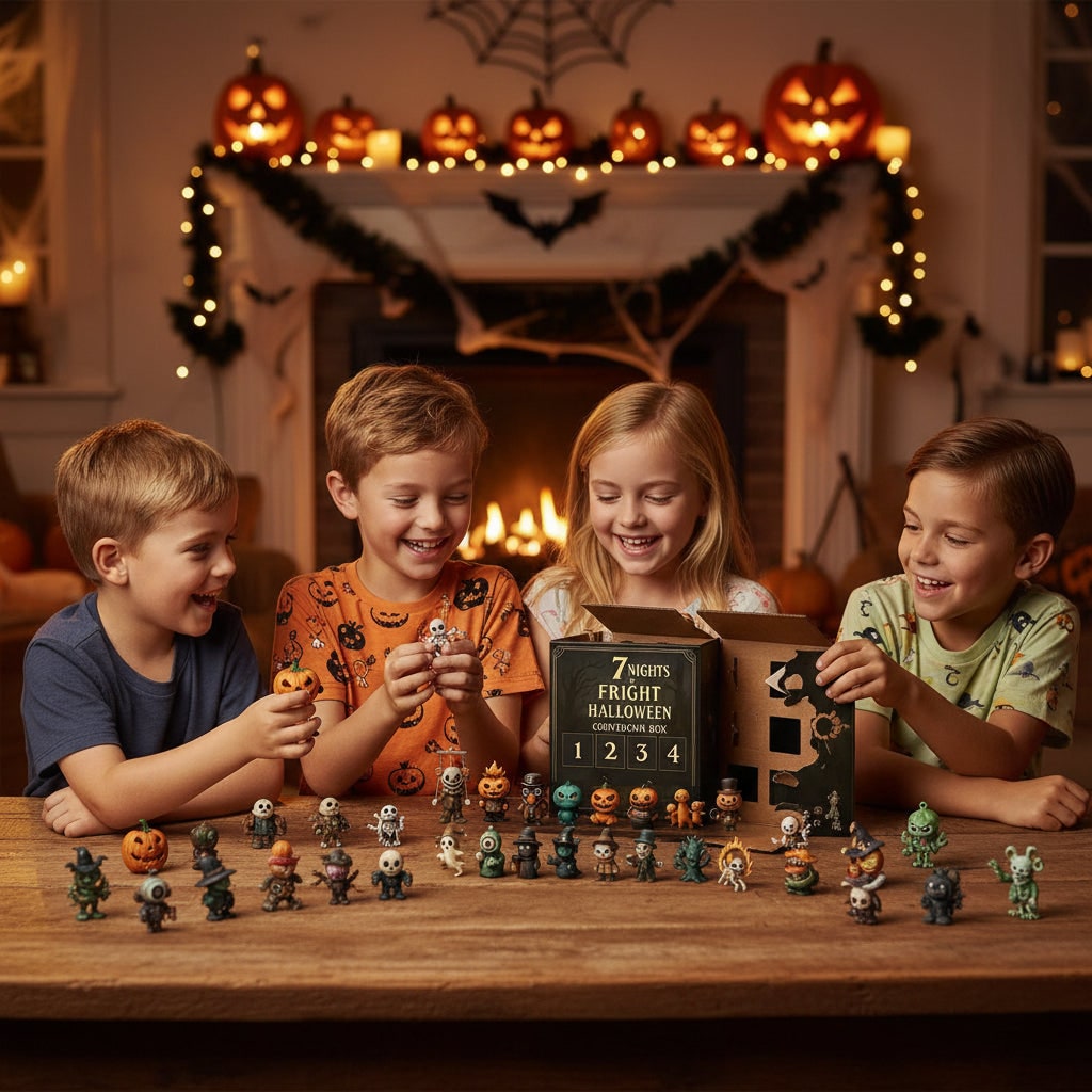 Kalendarz adwentowy na Halloween - pudełko odliczające z perforowanymi drzwiczkami i miniaturowymi figurkami zabawek