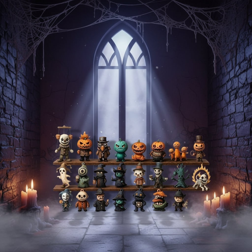Kalendarz adwentowy na Halloween - pudełko odliczające z perforowanymi drzwiczkami i miniaturowymi figurkami zabawek