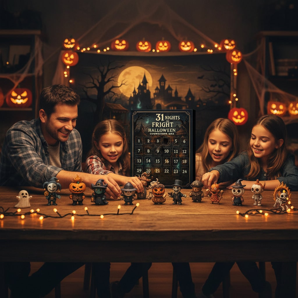 Kalendarz adwentowy na Halloween - pudełko odliczające z perforowanymi drzwiczkami i miniaturowymi figurkami zabawek