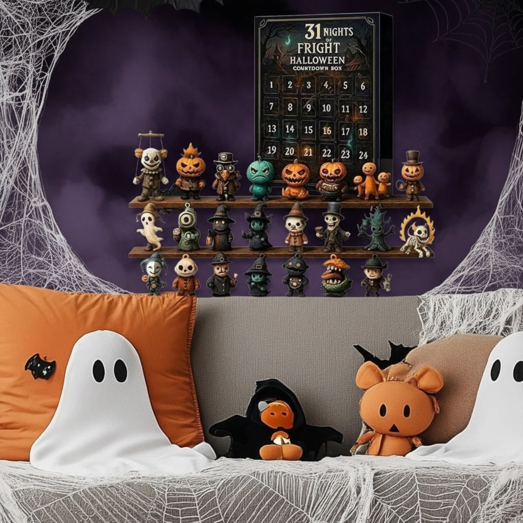 Kalendarz adwentowy na Halloween - pudełko odliczające z perforowanymi drzwiczkami i miniaturowymi figurkami zabawek