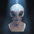 Mască flexibilă din latex pentru alien, care acoperă întregul cap, potrivită pentru adulți, cu trăsături modelate realiste și ochi negri lucioși
