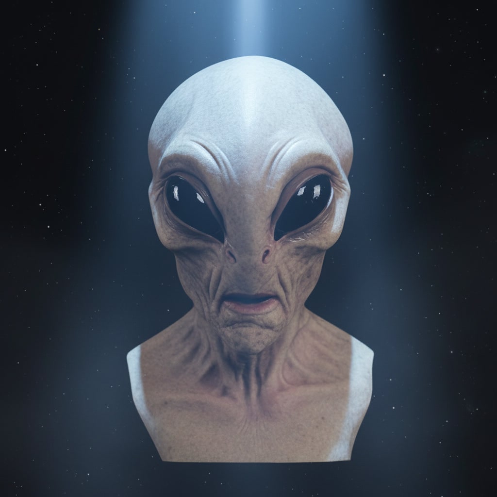 Mască flexibilă din latex pentru alien, care acoperă întregul cap, potrivită pentru adulți, cu trăsături modelate realiste și ochi negri lucioși