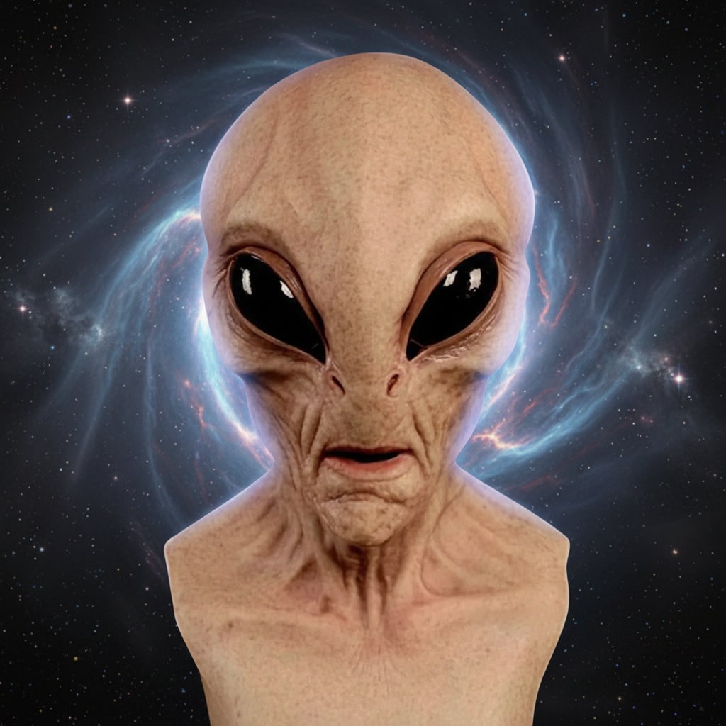 Mască flexibilă din latex pentru alien, care acoperă întregul cap, potrivită pentru adulți, cu trăsături modelate realiste și ochi negri lucioși