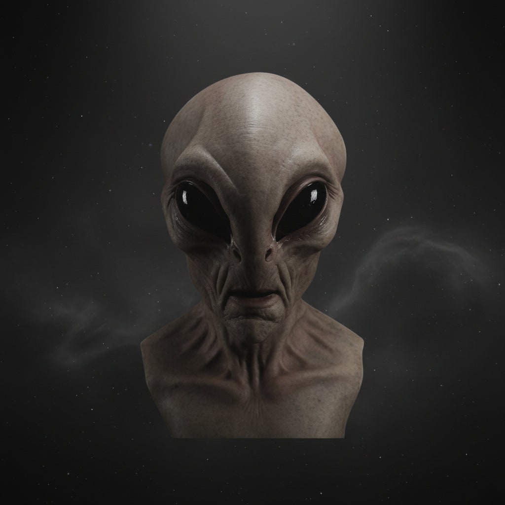 Mască flexibilă din latex pentru alien, care acoperă întregul cap, potrivită pentru adulți, cu trăsături modelate realiste și ochi negri lucioși