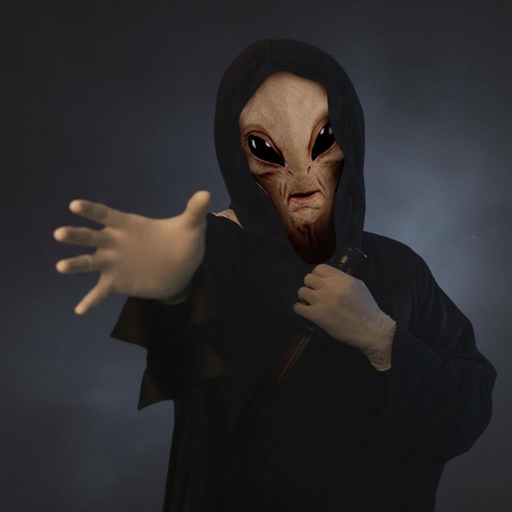 Mască flexibilă din latex pentru alien, care acoperă întregul cap, potrivită pentru adulți, cu trăsături modelate realiste și ochi negri lucioși
