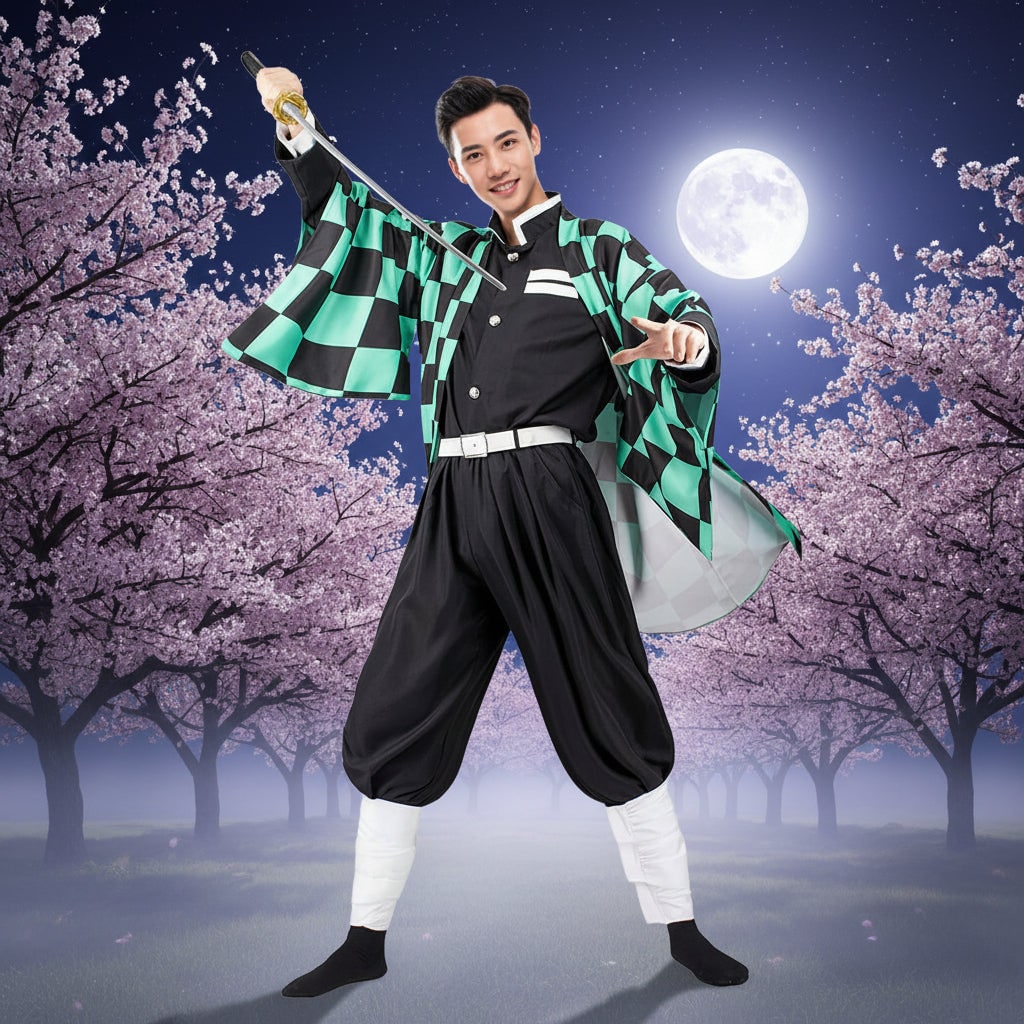Anime-kosztüm cosplayjelmez-készlet haori dzsekivel, gombos inggel és lábszártekerőkkel