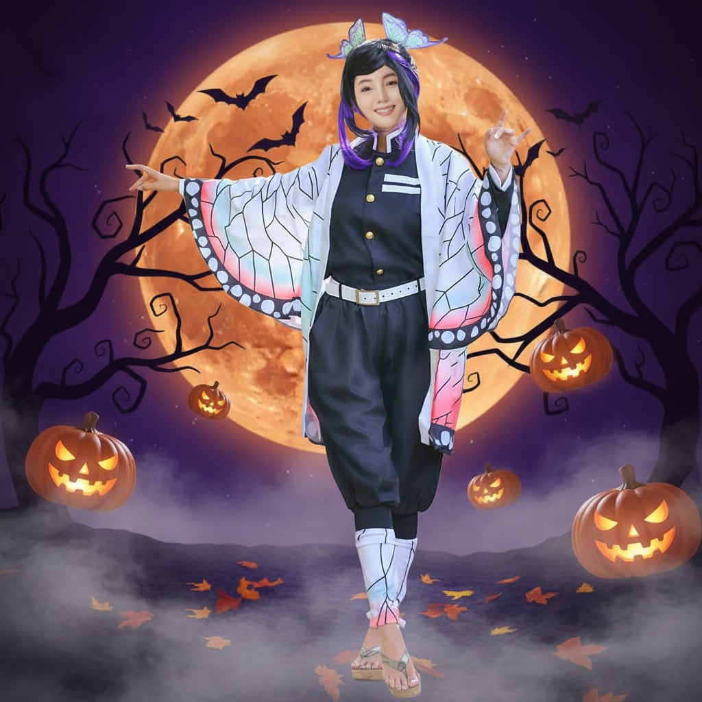 Anime-kosztüm cosplayjelmez-készlet haori dzsekivel, gombos inggel és lábszártekerőkkel