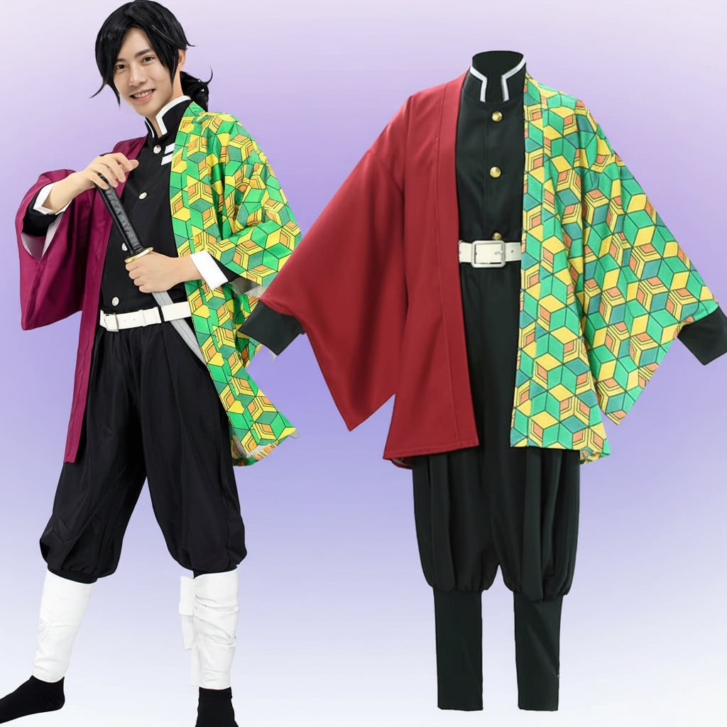 Anime-kosztüm cosplayjelmez-készlet haori dzsekivel, gombos inggel és lábszártekerőkkel